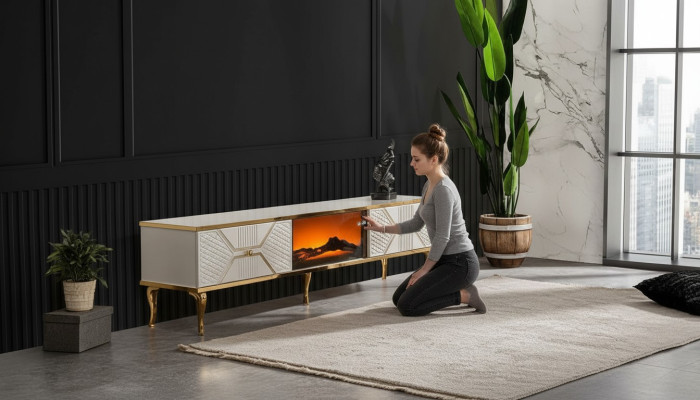 Mueble de televisión de lujo con marco blanco dorado de MDF de metal blanco.