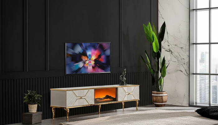 Mueble de televisión de lujo con marco blanco dorado de MDF de metal blanco.