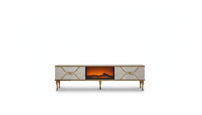 Mueble de televisión de lujo con marco blanco dorado de MDF de metal blanco.