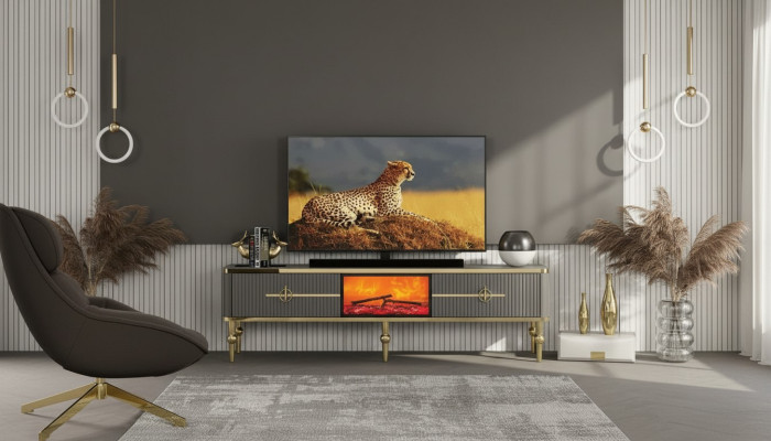 Mueble de TV gris para la sala de estar con chimenea, lado RTV de metal y MDF exclusivo.