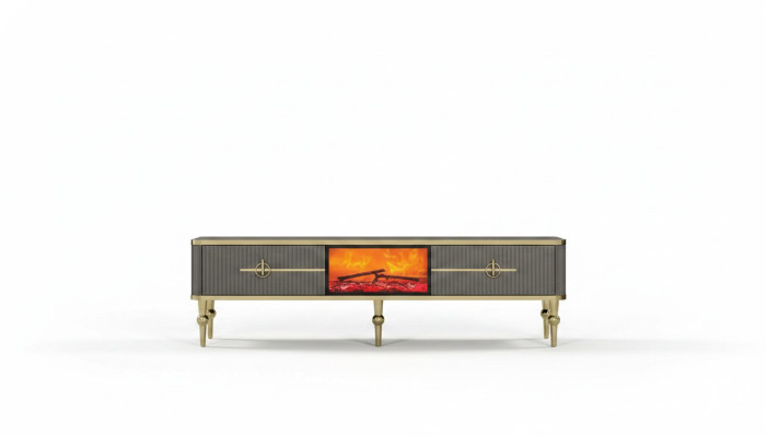 Mueble de TV gris para la sala de estar con chimenea, lado RTV de metal y MDF exclusivo.