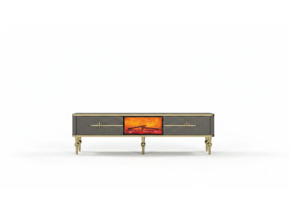 Mueble de TV gris para la sala de estar con chimenea, lado RTV de metal y MDF exclusivo.