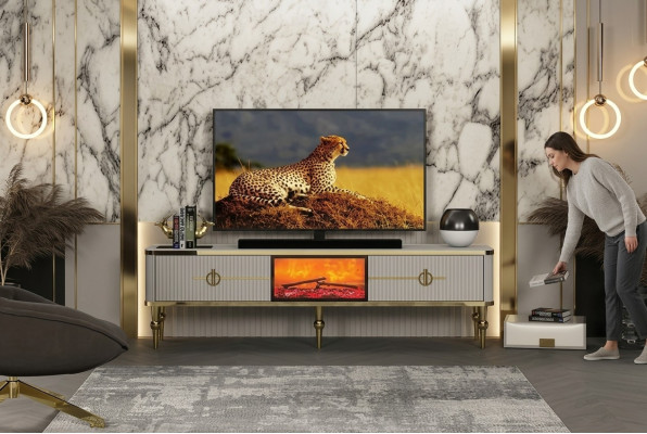 Sala de estar Mueble bajo de TV MDF metal blanco + dorado