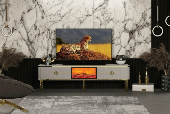 Sala de estar Mueble bajo de TV MDF metal blanco + dorado