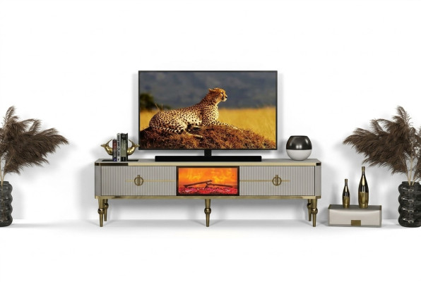 Sala de estar Mueble bajo de TV MDF metal blanco + dorado