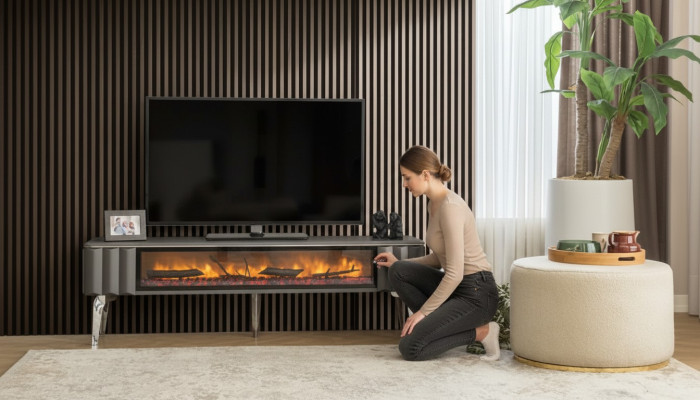 Mueble de televisión de alta calidad con chimenea MDF metal gris nuevo salón