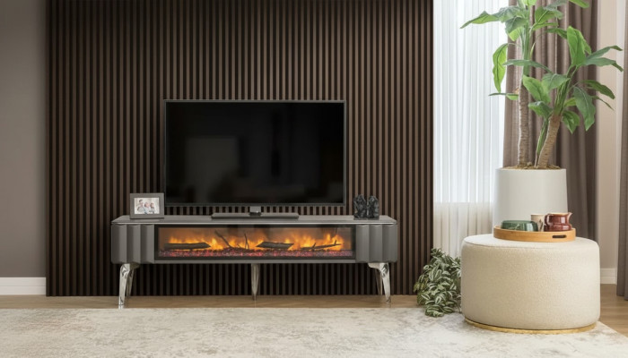 Mueble de televisión de alta calidad con chimenea MDF metal gris nuevo salón