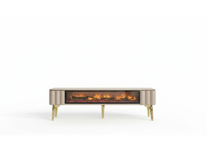 Mueble de televisión de lujo color beige para la sala de estar con chimenea, de MDF y metal.
