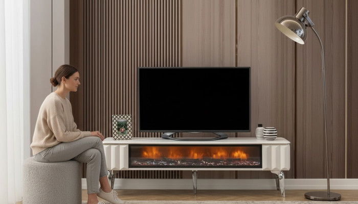TV-Mueble blanco tablero de partículas metal muebles de lujo chimenea sala de estar nuevo