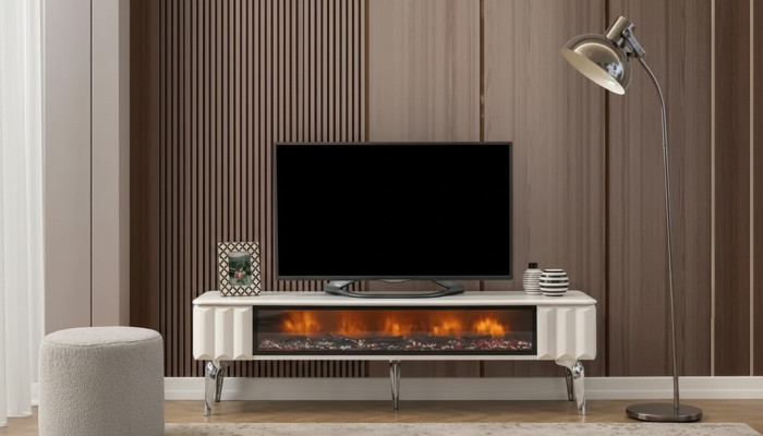 TV-Mueble blanco tablero de partículas metal muebles de lujo chimenea sala de estar nuevo