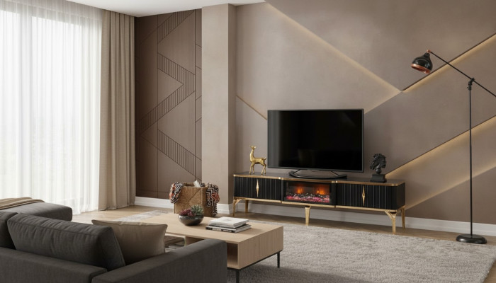 Mueble de TV negro de baja altura, nuevo mobiliario de lujo de MDF y metal para la sala de estar.