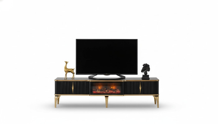 Mueble de TV negro de baja altura, nuevo mobiliario de lujo de MDF y metal para la sala de estar.