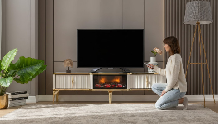 Salón mueble de TV lacado en blanco + dorado MDF Aparador de metal RTV de lujo nuevo