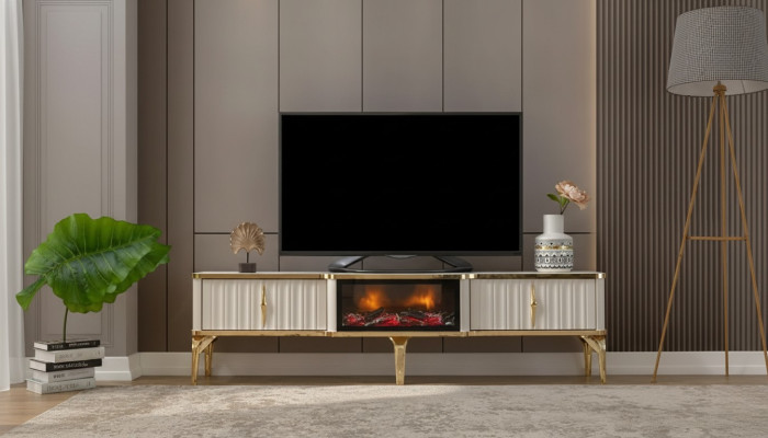 Salón mueble de TV lacado en blanco + dorado MDF Aparador de metal RTV de lujo nuevo