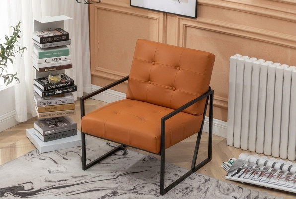 Sillón de sala naranja. Nuevas piernas de metal de lujo. Tapizado textil.