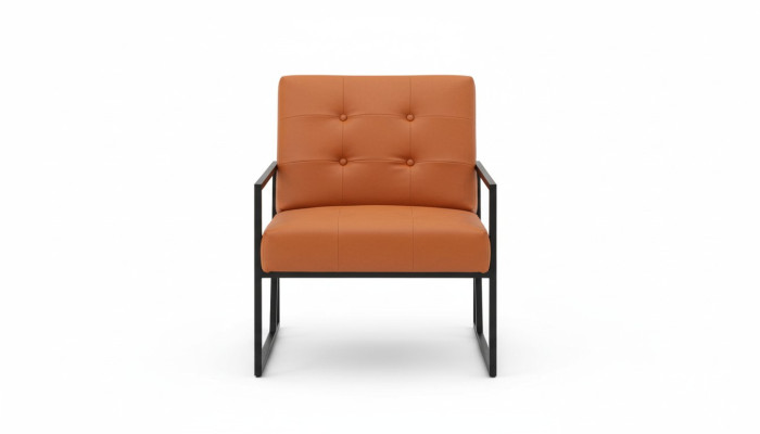 Sillón de sala naranja. Nuevas piernas de metal de lujo. Tapizado textil.