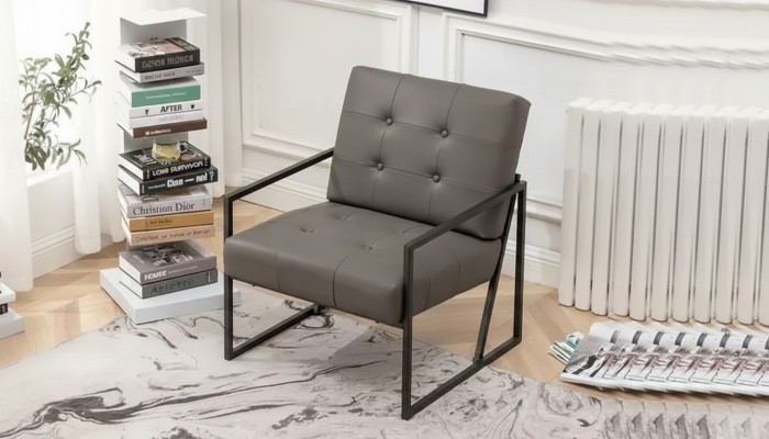 Sillón de sala de estar gris oscuro de 1 plaza con patas de metal y tapizado textil