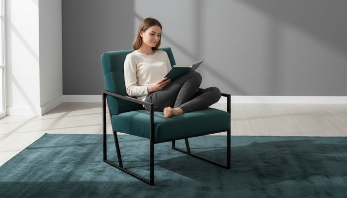 Sillón verde oscuro de sala de estar - textil + patas de metal - muebles de lujo nuevos