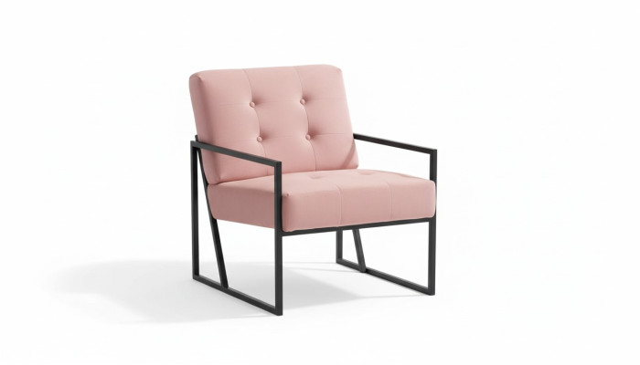 Cómodo sillón de 1 plaza para sala de estar en rosa con tapizado textil y patas de metal.