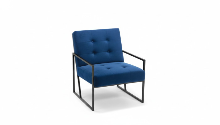 Sillón de 1 plaza, tapizado azul, estructura de madera, patas de metal, lujoso.