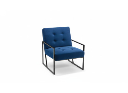 Sillón de 1 plaza, tapizado azul, estructura de madera, patas de metal, lujoso.