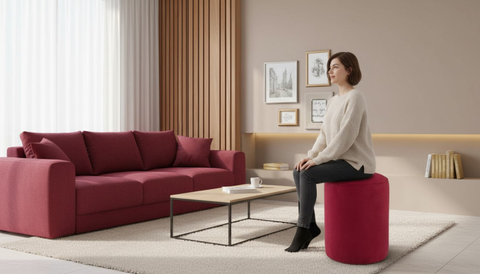 Taburete rosa con tapizado textil, marco de tableros de fibra de densidad media, taburete de lujo nuevo.