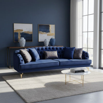 Sala de estar azul Chesterfield conjunto de sofás de lujo Sofás tapizados de 4 plazas