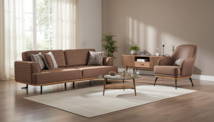 Conjunto de sofás de lujo: Sofá de tres plazas marrón y sillón para la sala de estar.