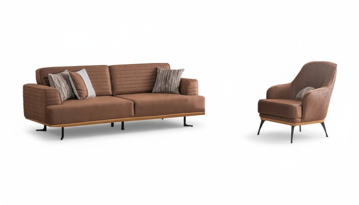 Conjunto de sofás de lujo: Sofá de tres plazas marrón y sillón para la sala de estar.