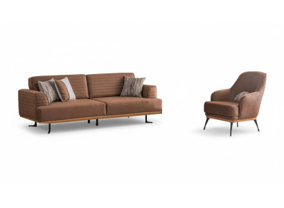 Conjunto de sofás de lujo: Sofá de tres plazas marrón y sillón para la sala de estar.