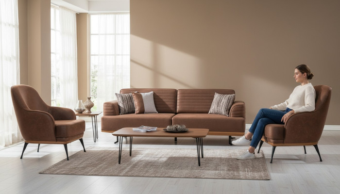 Sofá moderno de tres plazas y sillón marrón, juego de muebles tapizados para sala de estar.