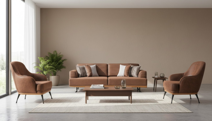 Sofá moderno de tres plazas y sillón marrón, juego de muebles tapizados para sala de estar.