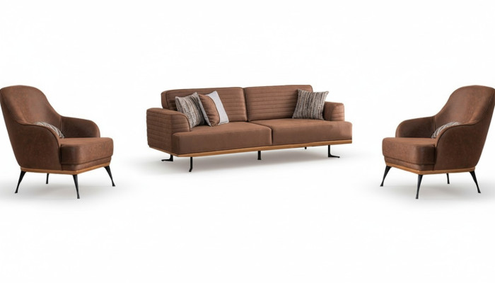 Sofá moderno de tres plazas y sillón marrón, juego de muebles tapizados para sala de estar.