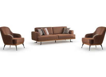 Sofá moderno de tres plazas y sillón marrón, juego de muebles tapizados para sala de estar.