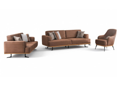 Sofás y sillones exclusivos de tres plazas para la sala de estar en tapizado marrón.