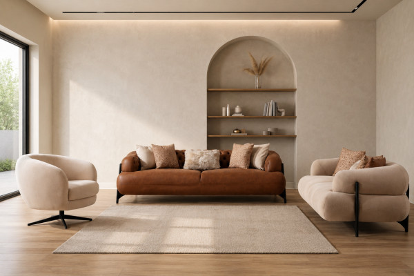 Sofá de sala de estar marrón y blanco. Conjunto exclusivo de sofás de tres plazas y sillones.