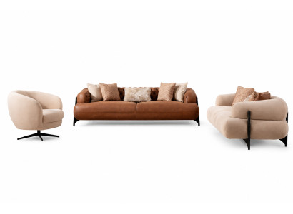Sofá de sala de estar marrón y blanco. Conjunto exclusivo de sofás de tres plazas y sillones.