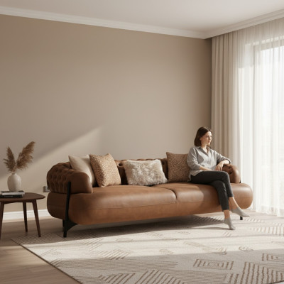 Chesterfield de tres plazas marrón para la sala de estar Sofá tapizado Muebles modernos