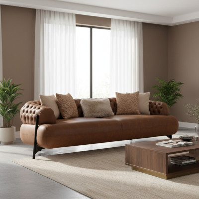 Chesterfield de tres plazas marrón para la sala de estar Sofá tapizado Muebles modernos