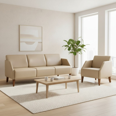 Sala de estar beige Juego de muebles de cuero Diseñador de 3 plazas Sillón exclusivo de 2 piezas