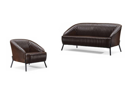 Sala de estar de cuero marrón dos plazas, sillón de cuero de diseñador de 2 piezas.