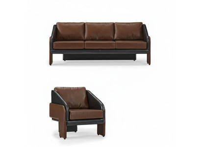 Marrón-negro juego de sofás de piel elegante de tres plazas con sillón reclinable de 2 piezas.