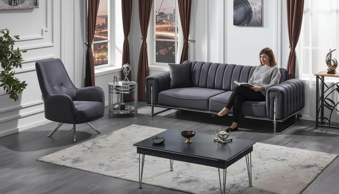 Conjunto de sofás 3+1 plazas salón lujo Chesterfield gris