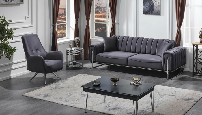 Conjunto de sofás 3+1 plazas salón lujo Chesterfield gris