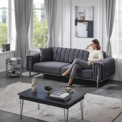Sofá Chesterfield gris de lujo de tres plazas para la sala de estar