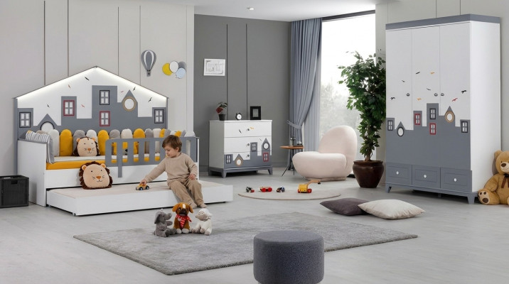 Cama infantil Armario juvenil Dormitorio juvenil Conjunto de muebles de 2 piezas de madera.