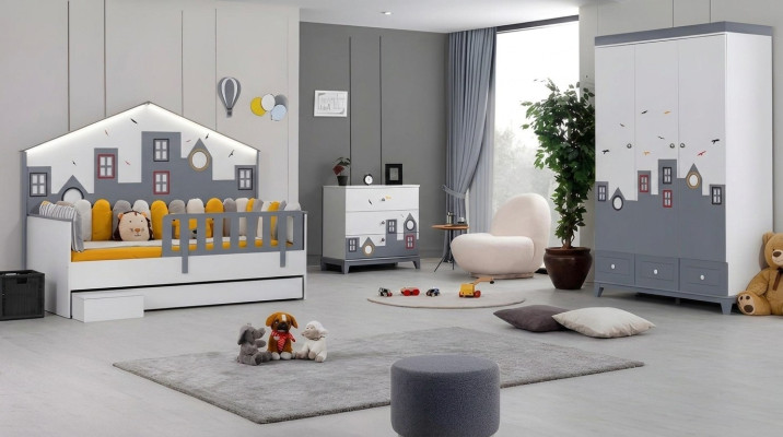 Cama infantil Armario juvenil Dormitorio juvenil Conjunto de muebles de 2 piezas de madera.
