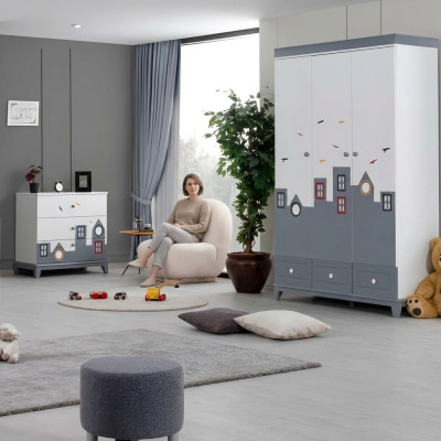 Juego de dormitorio para niños completamente multicolor armario cómoda claro 2 piezas nuevo