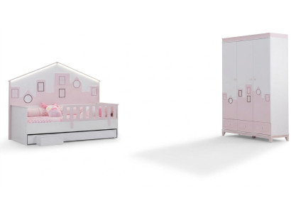 Cama infantil Armario rosado Habitación juvenil Muebles de dormitorio infantil Set de 2 piezas de madera