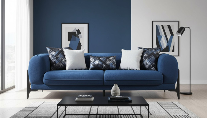 Sofás reclinables de tres plazas de diseñador en azul, muebles de salón de club lounge.
